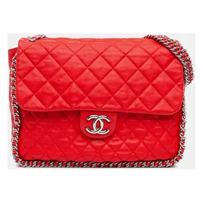 Chanel Red Maxi Washed Lambskin Chain Around Flap