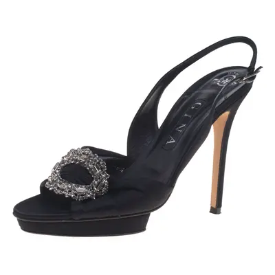 Gina Black Satin Brooch Embellished Slingback Sandals Size 39.5