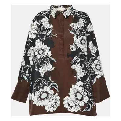 Valentino Brown Street Flowers Daisyland Print Cotton & Silk Shirt Dress