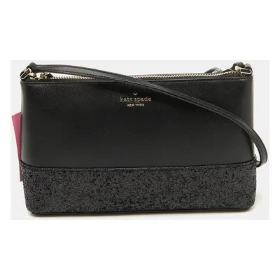 Kate Spade Black Glitter and Leather Ramey Greta Court Crossbody Bag