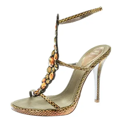 René Caovilla Yellow Python Crystal Embellished Strappy Sandals Size 37.5