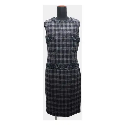 Chanel Navy Wool Check Pattern Tweed Sleeveless Dress Size