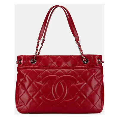 Chanel Red Quilted Caviar Soft Shopper Tote Bag