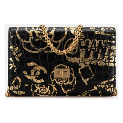 Chanel Black Calfskin Crocodile Embossed Graffiti 2.55 Cocodile Reissue Wallet On Chain