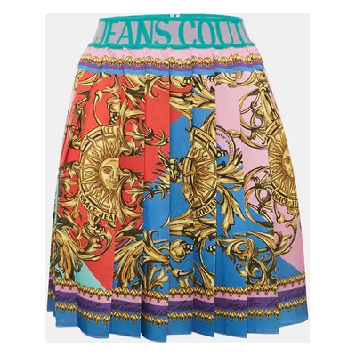 Versace Blue/Pink Garland Sun Print Satin Pleated Mini Skirt