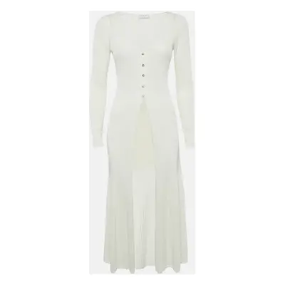 Sandro Off-White Rib Knit Cotton Blend Button Front Midi Dress