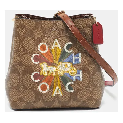 Coach Beige Signature Coated Canvas and Leather Mini Radial Rainbow Town Bucket Bag