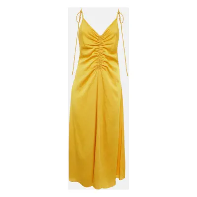 Sandro Yellow Crepe Shoulder Tie-Up Detail Gathered Praline Midi Dress