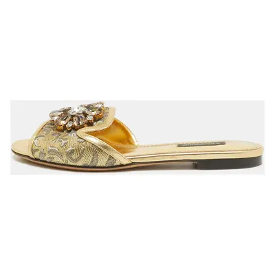 Dolce & Gabbana Gold Brocade Fabric and Leather Crystal Embellished Flat Slides Size