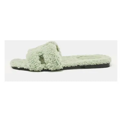 Hermes Mint Green Shearling Fur Oran Flat Slide Sandals Size 38.5