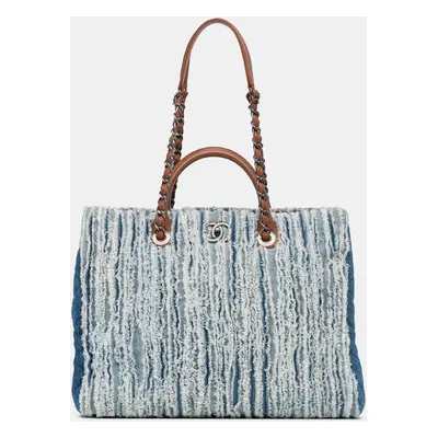 Chanel Blue Large Fringed Denim Shopping Tote Bag