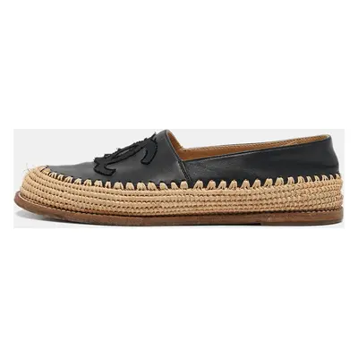 Chanel Beige/Black Leather and Raffia CC Espadrille Flats Size