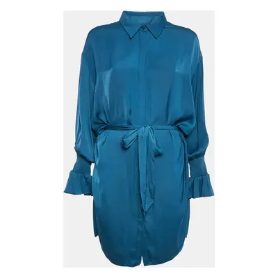 Maje Blue Silk Shirring Detail Belted Shirt Dress