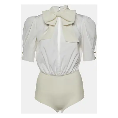 Elisabetta Franchi White Cotton Bow Detail Bodysuit