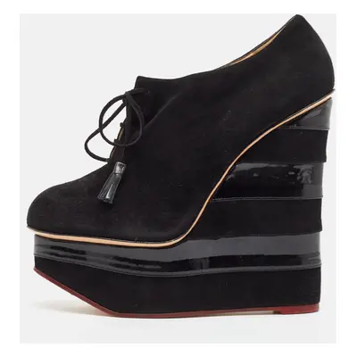 Charlotte Olympia Black Suede and Patent Leather Martha Wedge Booties Size