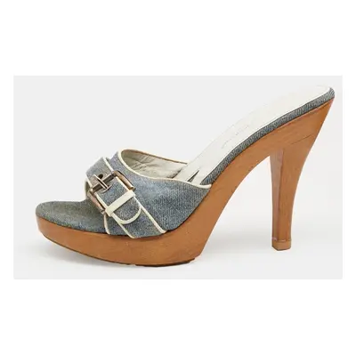 Dolce & Gabbana Blue Denim And Leather Trims Buckle Detail Open Toe Platform Slide Sandals Size