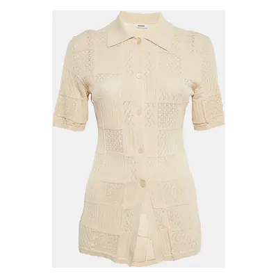 Sandro Beige Pointelle Knit Button Front Short Sleeve Shirt