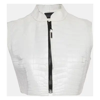 Dennis Basso White Leather Zip-Up Crop Vest