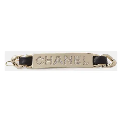 Chanel Gold Plated and Leather Rhinestone Logo Hair Clip