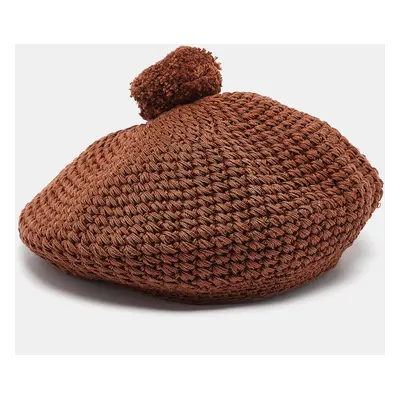 Gucci Brown Crochet Knit Pom-Pom Beret Cap