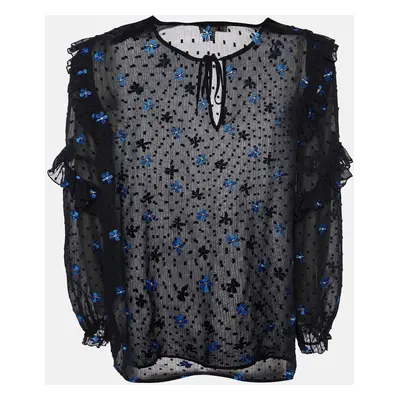 Maje Black Dotted Embroidered Crepe Ruffled Top