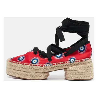 Christian Louboutin Red Fabric Evil Eye Print Platform Espadrille Sandals Size