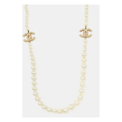 Chanel CC Faux Pearl Gold Tone Long Necklace