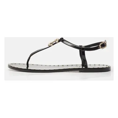 Chanel Black Patent and Leather CC Pearl Embellished Flat Thong Sandals Size 39.5