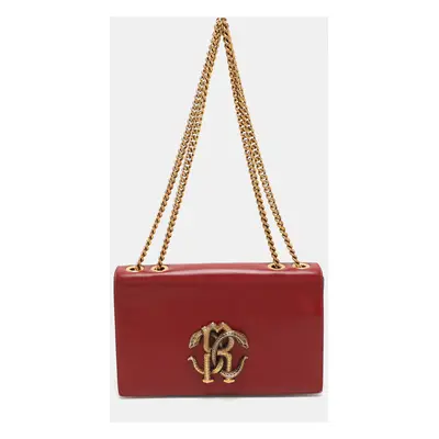 Roberto Cavalli Red Leather RC Monogram Flap Chain Bag