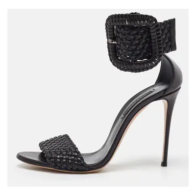 Casadei Black Woven Leather Buckle Ankle Strap Sandals Size 39.5