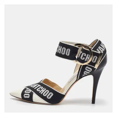 Jimmy Choo White/Black Leather and Fabric Bea Ankle Strap Sandals Size