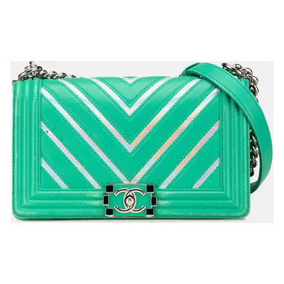 Chanel Green Medium Chevron Lambskin and Iridescent PVC Boy Flap