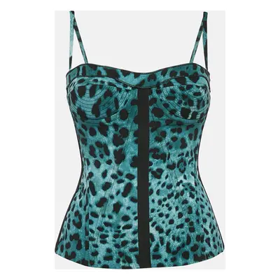 Dolce & Gabbana Green Leopard Print Satin Corset Top