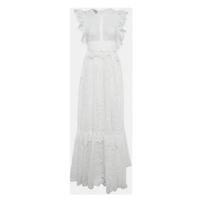 Elie Saab White Broderie Anglaise Cotton Tiered Maxi Dress