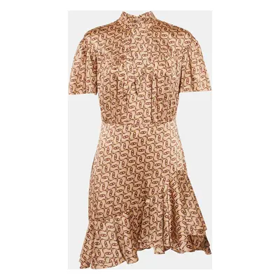 Sandro Caramel Brown Printed Satin Flounce Mini Dress