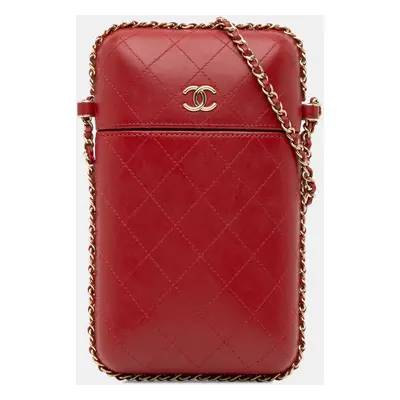 Chanel Red Lambskin CC Chain Around Phone Holder Bag