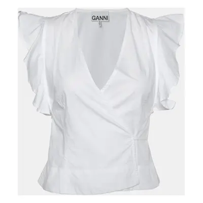 Ganni White Cotton Cap Sleeves Wrap Top