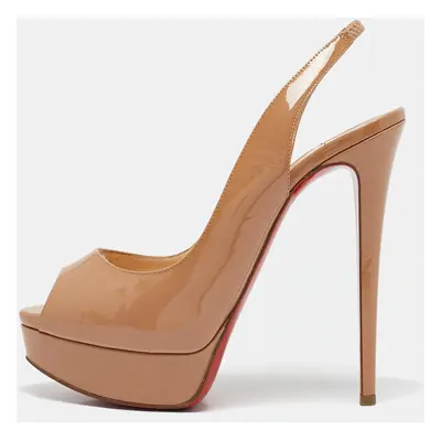 Christian Louboutin Beige Patent Leather Lady Peep Toe Slingback Platform Pumps Size 38.5