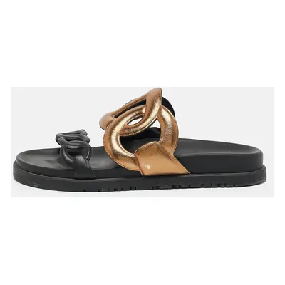 Hermes Black/Gold Leather Extra Sandals Size