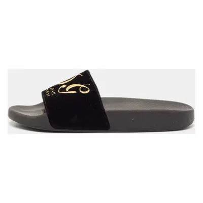 Dolce & Gabbana Black Velvet DG Embroidered Flat Pool Slides Size