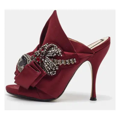 N21 Burgundy Satin Crystal Embellished Knot Mules Size