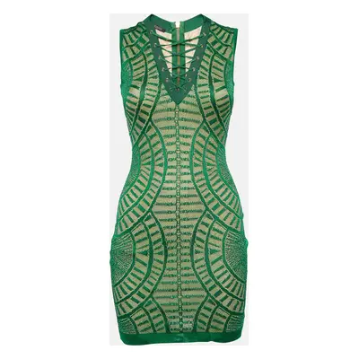 Balmain Green Patterned Knit Sleeveless Lace-Up Bodycon Dress