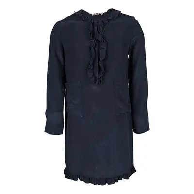 Marni Navy Blue Silk Ruffle Trim Detail Long Sleeve Dress Yrs