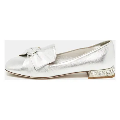 Miu Miu Silver Leather Bow Crystal Embellished Loafers Size