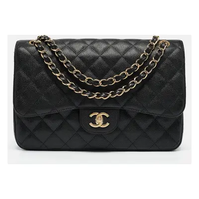 Chanel Black Quilted Caviar Leather Jumbo Classic Double Flap Bag