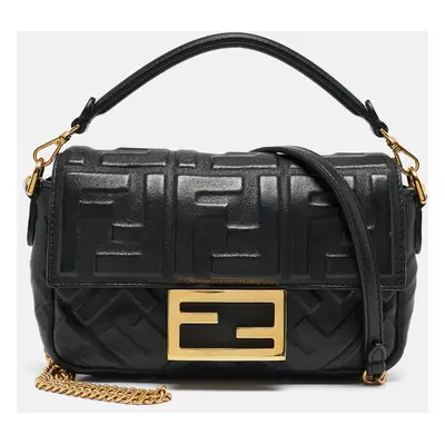 Fendi Black Leather FF Motif Baguette Mini Chain Bag