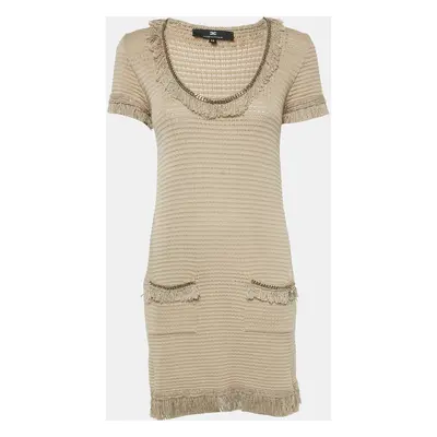 Elisabetta Franchi Beige Cotton Blend Knit Fringed Mini Dress