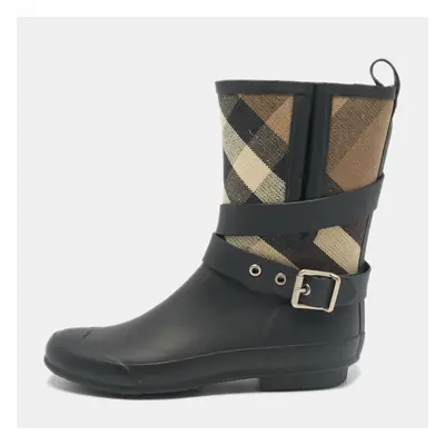 Burberry Beige/Black House Check Canvas and Rubber Rain Boots Size