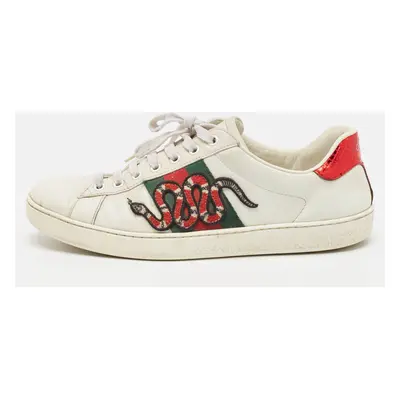 Gucci White Leather and Python Embossed Embroidered Snake Ace Sneakers Size