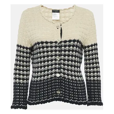 Chanel Navy Blue/Beige Patterned Knit Button Front Cardigan